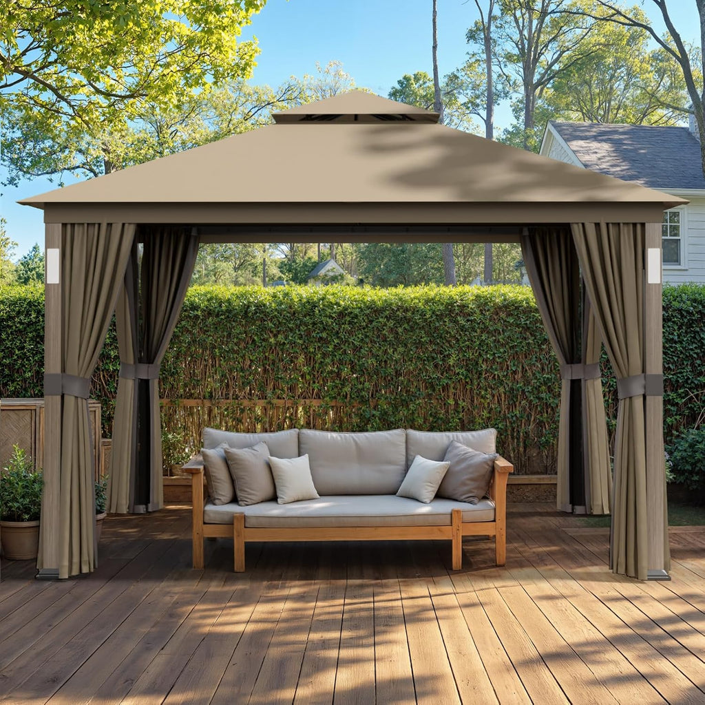 Sannwsg Outdoor Patio Gazebo 10x12 FT, Soft Top Gazebo with Arched Roof Canopy, Metal Frame, Mosquito Netting & Privacy Curtains, for Backyard & Deck, Brown
