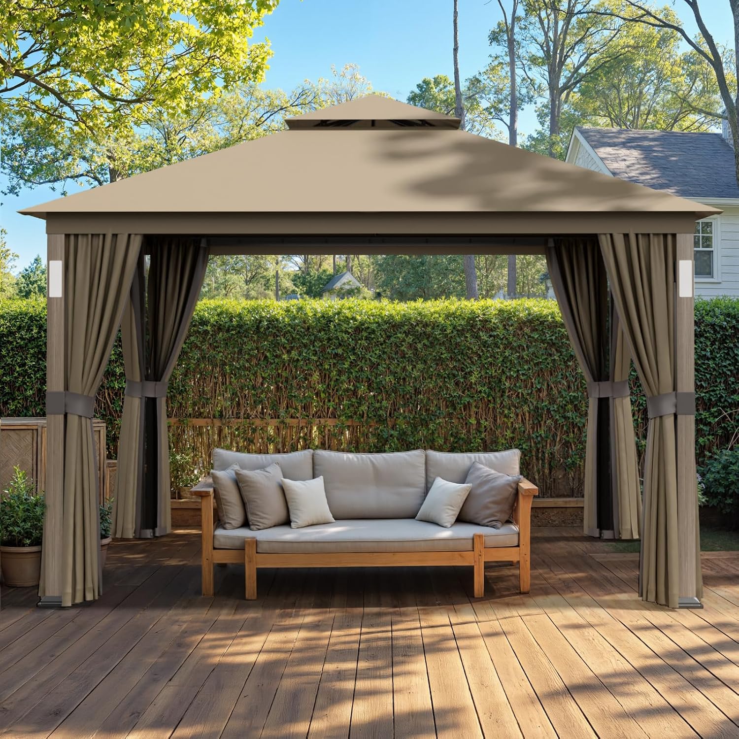 Sannwsg Outdoor Patio Gazebo 10x12 FT, Soft Top Gazebo with Arched Roof Canopy, Metal Frame, Mosquito Netting & Privacy Curtains, for Backyard & Deck, Brown