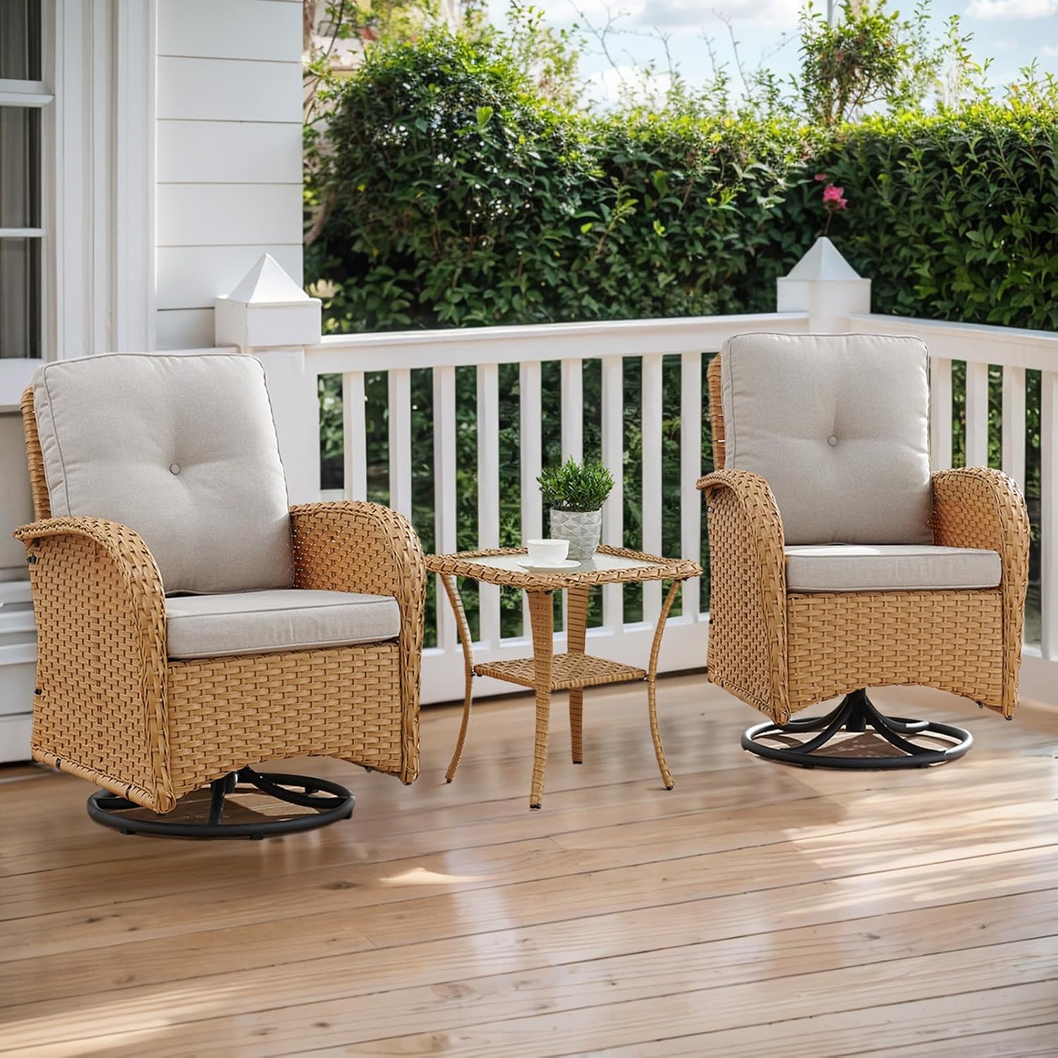 Outdoor Rocker Swivel Glider Chair - 3 Piece Wicker Patio Furniture Set, All Weather Patio Bistro Set with Glass Side Table for Balcony Porch Deck Backyard - Yellow Wicker Beige Cushion