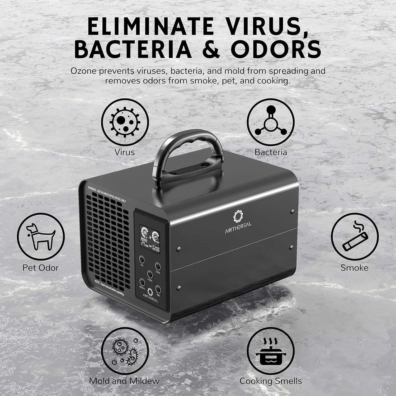 Airthereal MA10K-PRO SMART WiFi Ozone Generator - High Ozone Output Capacity Ozonator- Odor Remover, Deodorizer, Sterilizer - Adjustable Output and Timer Settings for Any Size Room - Black