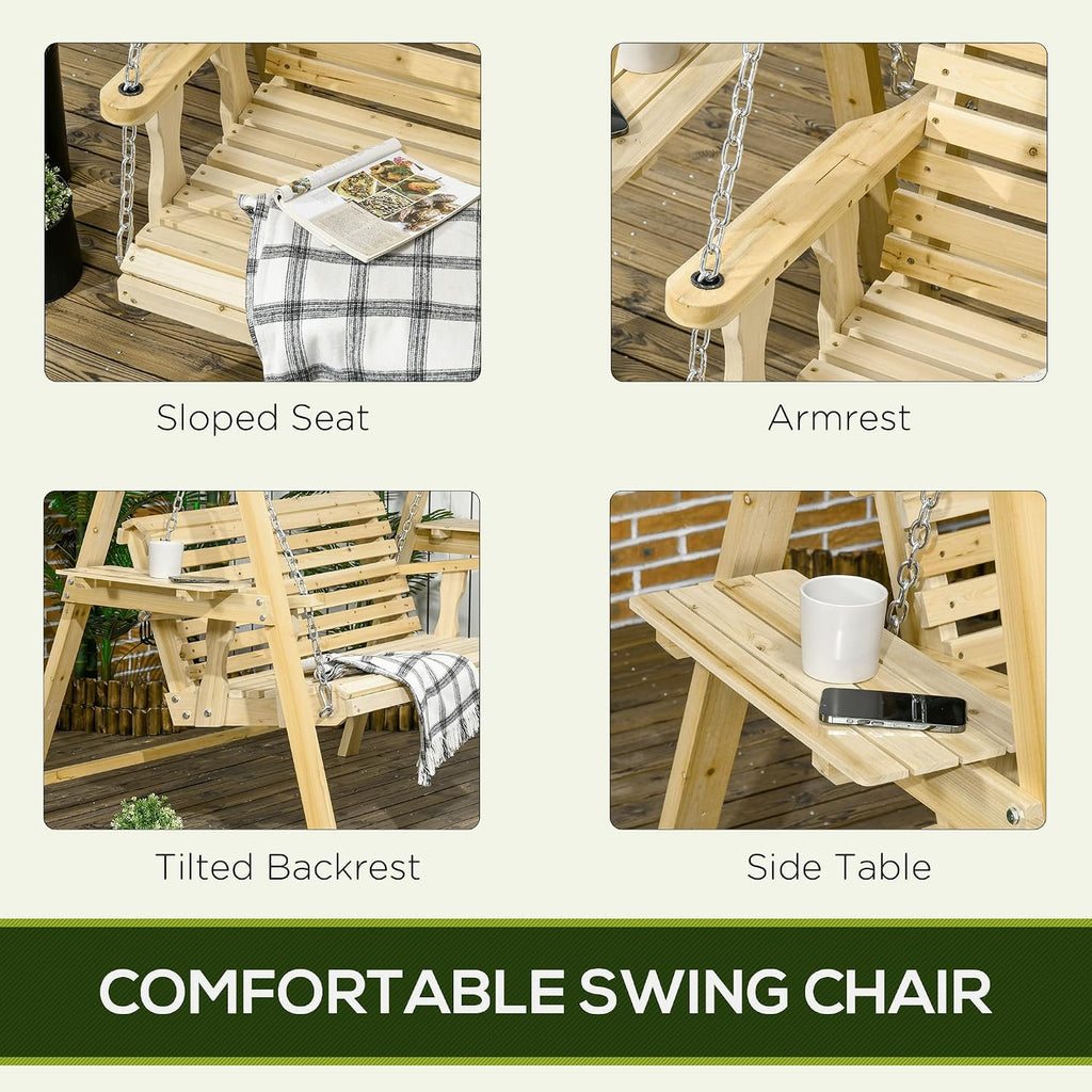 Outsunny 2-Seat orch Swing with Stand, Wooden Patio Swing Chair with Side Tables and Metal Chains, Outdoor Hanging Bench for Garden, Poolside, Backyard, Natural Wood