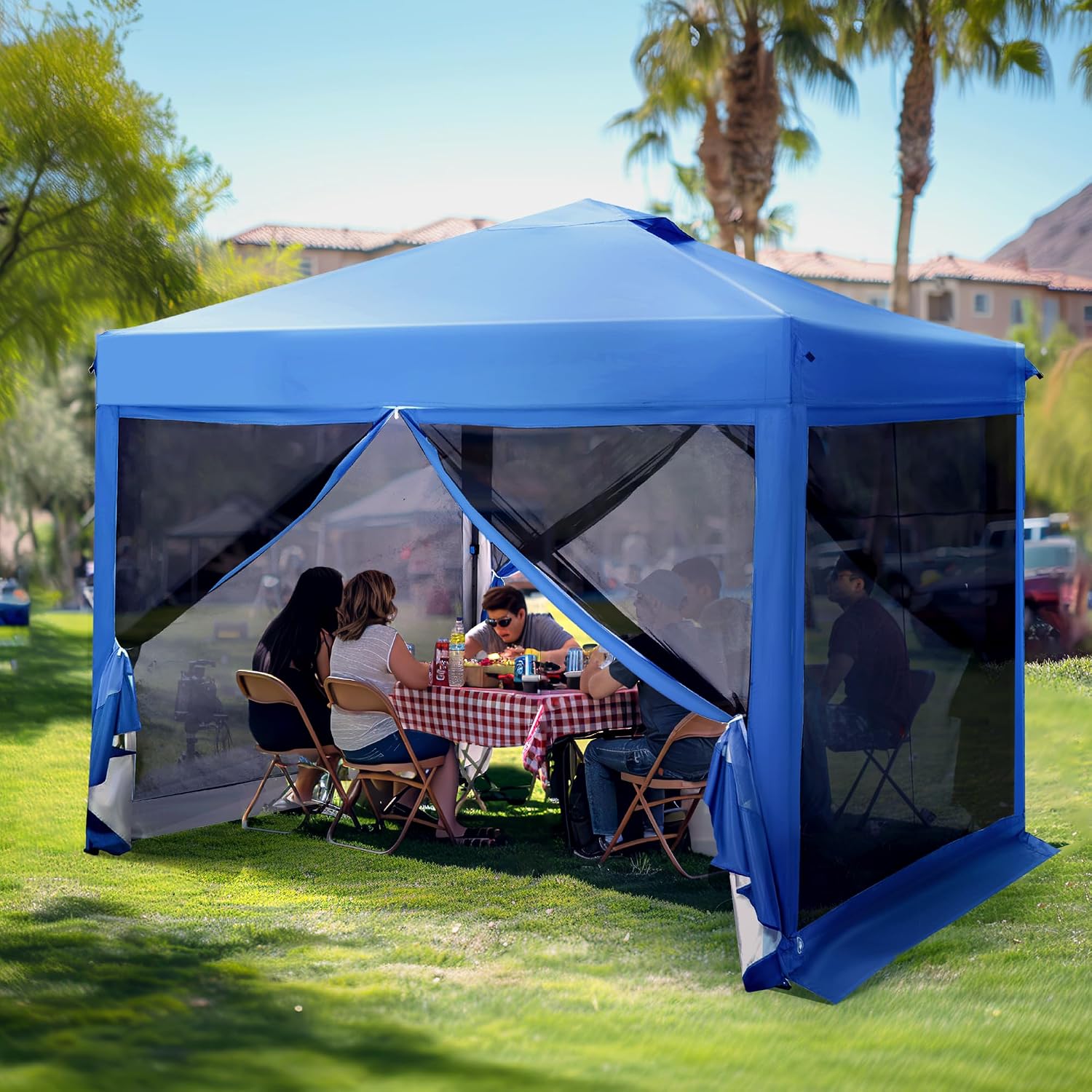 PHI VILLA 10' x 10' Pop Up Canopy Tent with Netting, Instant Gazebo, Ez up Screen Party Tent House Room with Carry Bag, Height Adjustable, for Outdoor, Garden, Blue
