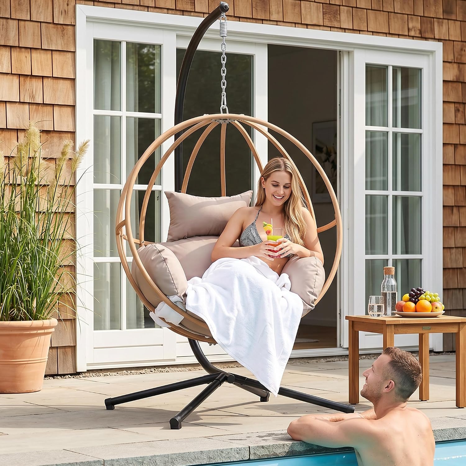 Egg Chair Outdoor, Imitation Rattan Hanging Egg Chair with Stand, Hanging Chairs with Cushions, 80' High All Weather Basket Swinging Chairs, Egg Swing Chairs Outdoorfor Balcony/Deck, Khaki
