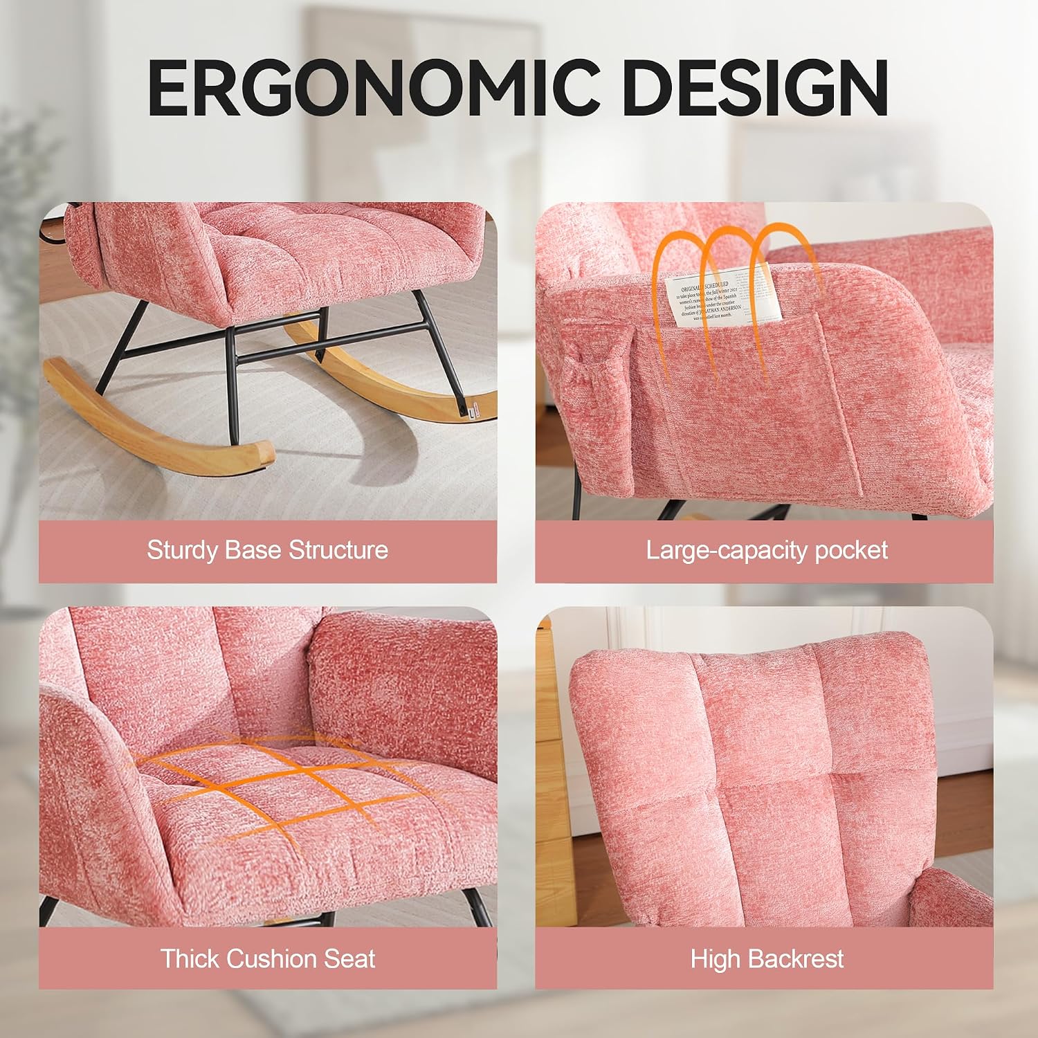 Rocking Chair with Airbag, Comfy Modern Reading & Nursing Nursery Rocking Chair Indoor, Cozy Upholstered Glider Rocker Chairs for Living Room Bedroom Offices, (Chenille, Pink)