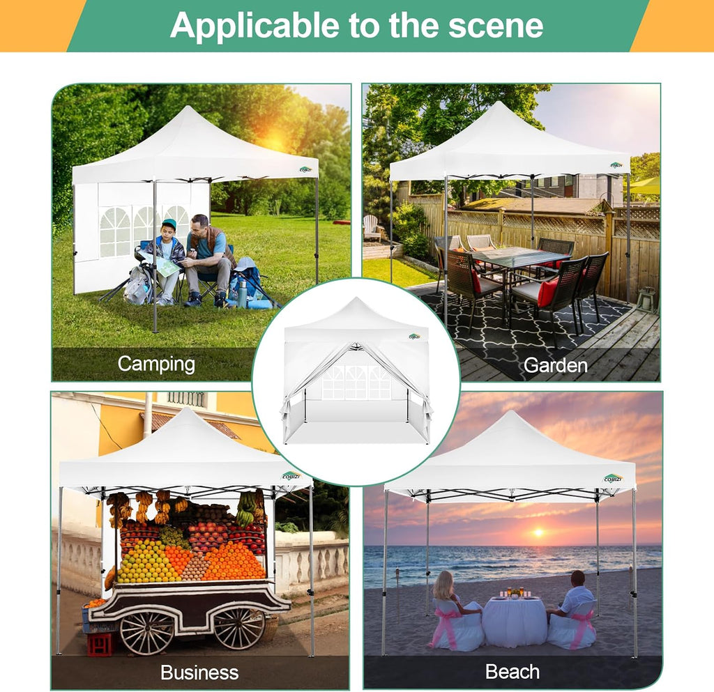 COBIZI 10x10 Pop Up Canopy with Sidewalls Heavy Duty Commercial Tent Easy Up Outdoor Canopy for Party, Wedding, Event and Backyard, All Season Windproof&Waterproof with Roller Bag UPF 50+, White