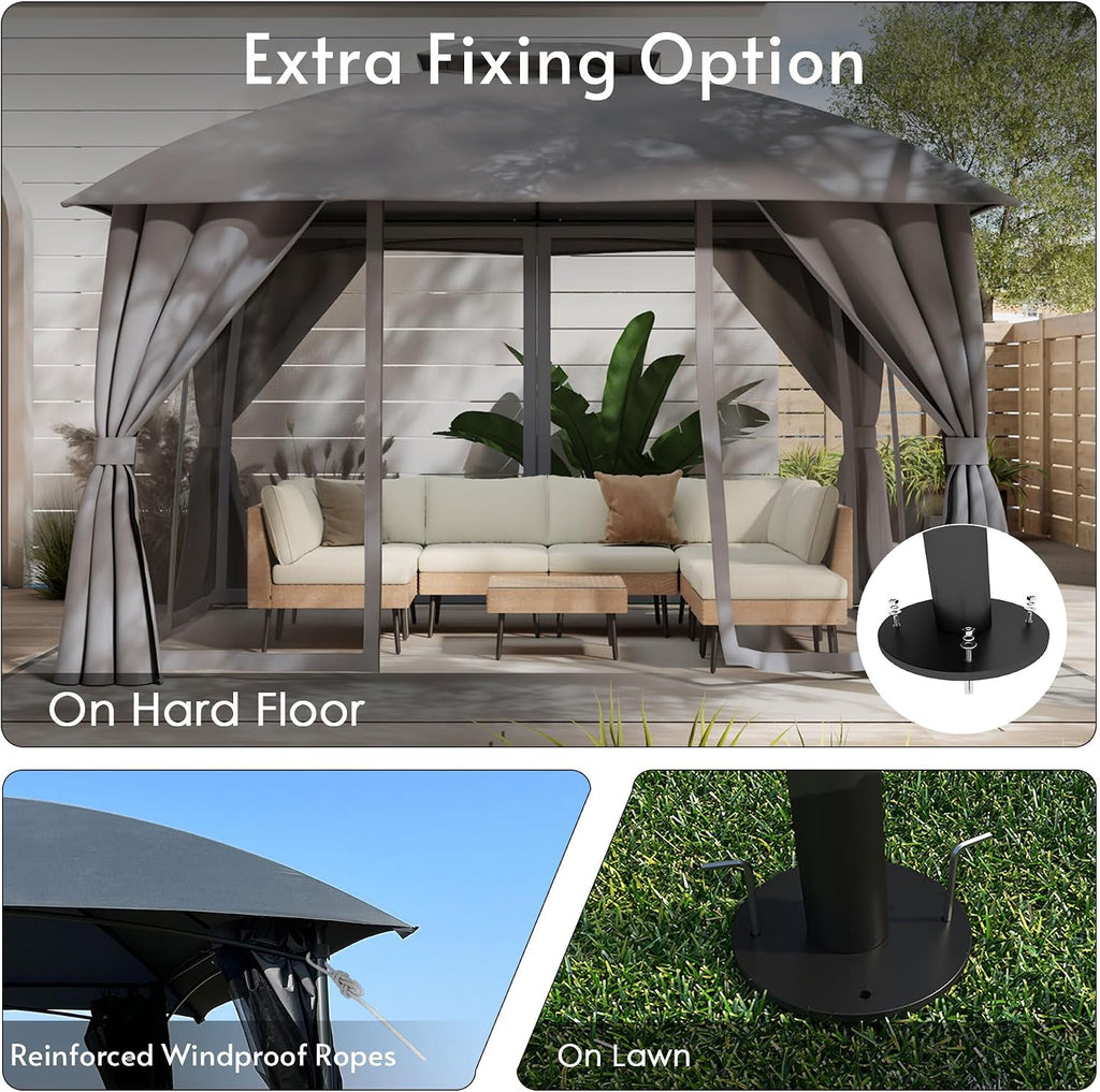 Gazebo 10x12 with Mosquito Netting & Privacy Screens. Double Roof Design Outdoor Gazebo with Trapezoidal Support System for Patio, Deck, Backyard, Garden & Lawns(Dark Gray)