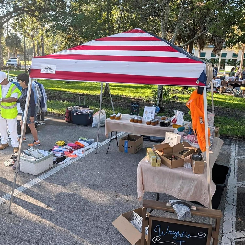 EAGLE PEAK Day Tripper 8x8 Aluminum Super-Lightweight Pop Up Canopy with 3 Removable Walls, Instant Outdoor Backpack Canopy Tent, Outside Beach Folding Sun Shelter, 8x8 Base 6x6 Top, American Flag