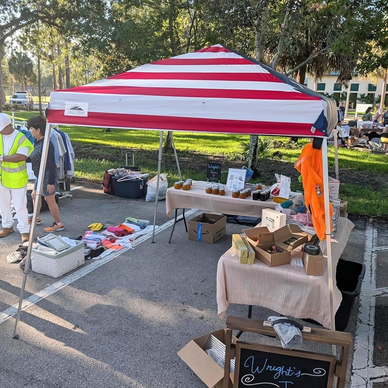 EAGLE PEAK Day Tripper 8x8 Aluminum Super-Lightweight Pop Up Canopy with 3 Removable Walls, Instant Outdoor Backpack Canopy Tent, Outside Beach Folding Sun Shelter, 8x8 Base 6x6 Top, American Flag
