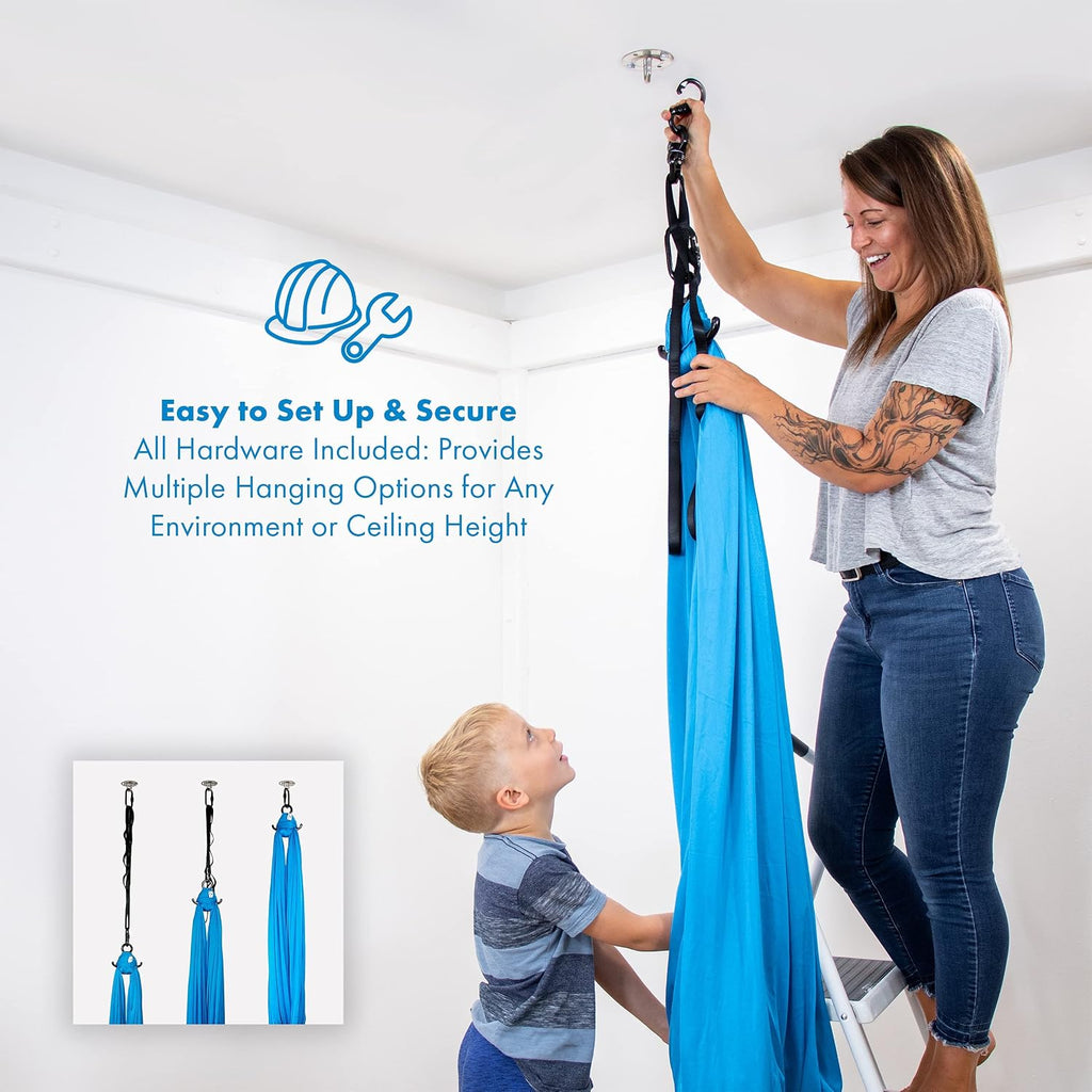 Harkla Sensory Swing for Kids & Adults - Holds 300lbs, Indoor Outdoor Sensory Swing for Hug Like Calming Effect - Durable Soft Stretch Fabric and Heavy Duty Hardware (Blue, 100' Swing + 5' Swivel)