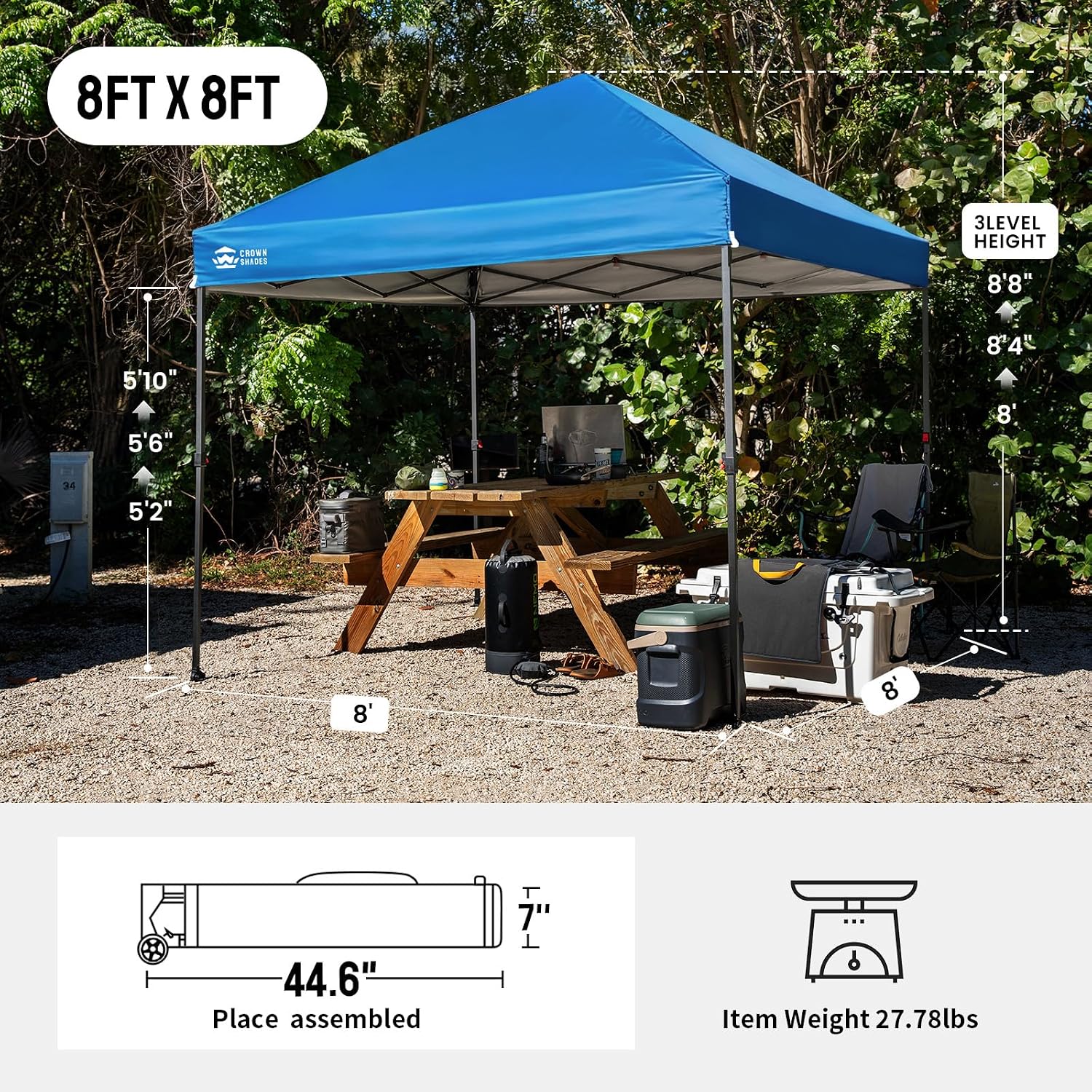 CROWN SHADES 8x8 Pop Up Canopy - Patented Center Lock One Push Instant Outdoor Canopy Beach Tent with STO-N-Go Bag 8 Stakes & 4 Sand Bags，Blue