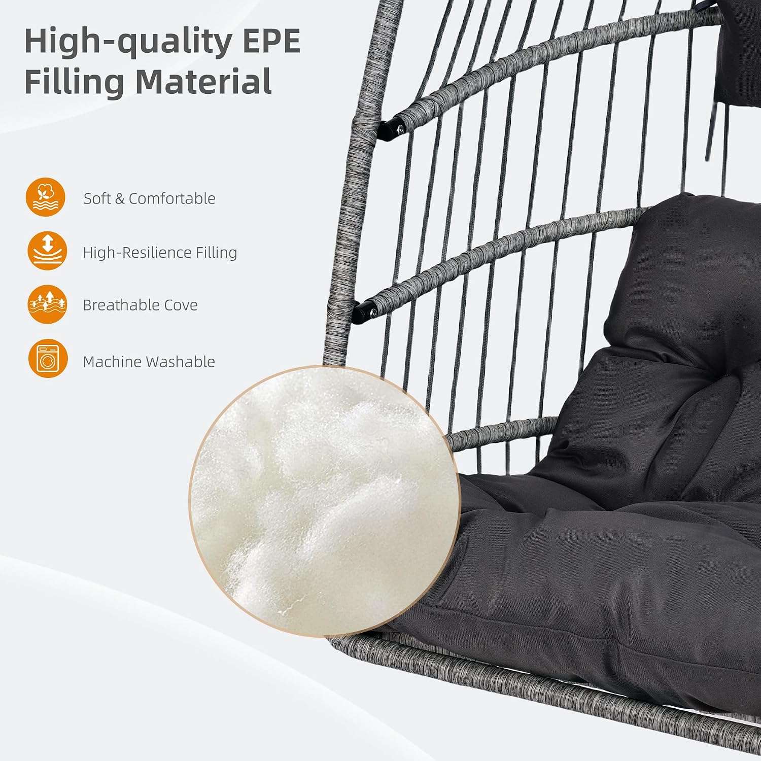 Foldable Hanging Egg Chair with Stand, HDPE Rattan and Heavy Duty Aluminum-Steel Frame, Outdoor Patio Wicker Swing Egg Chair with Headrest and Cushioned, 350 Lbs Capacity (Dark Grey)
