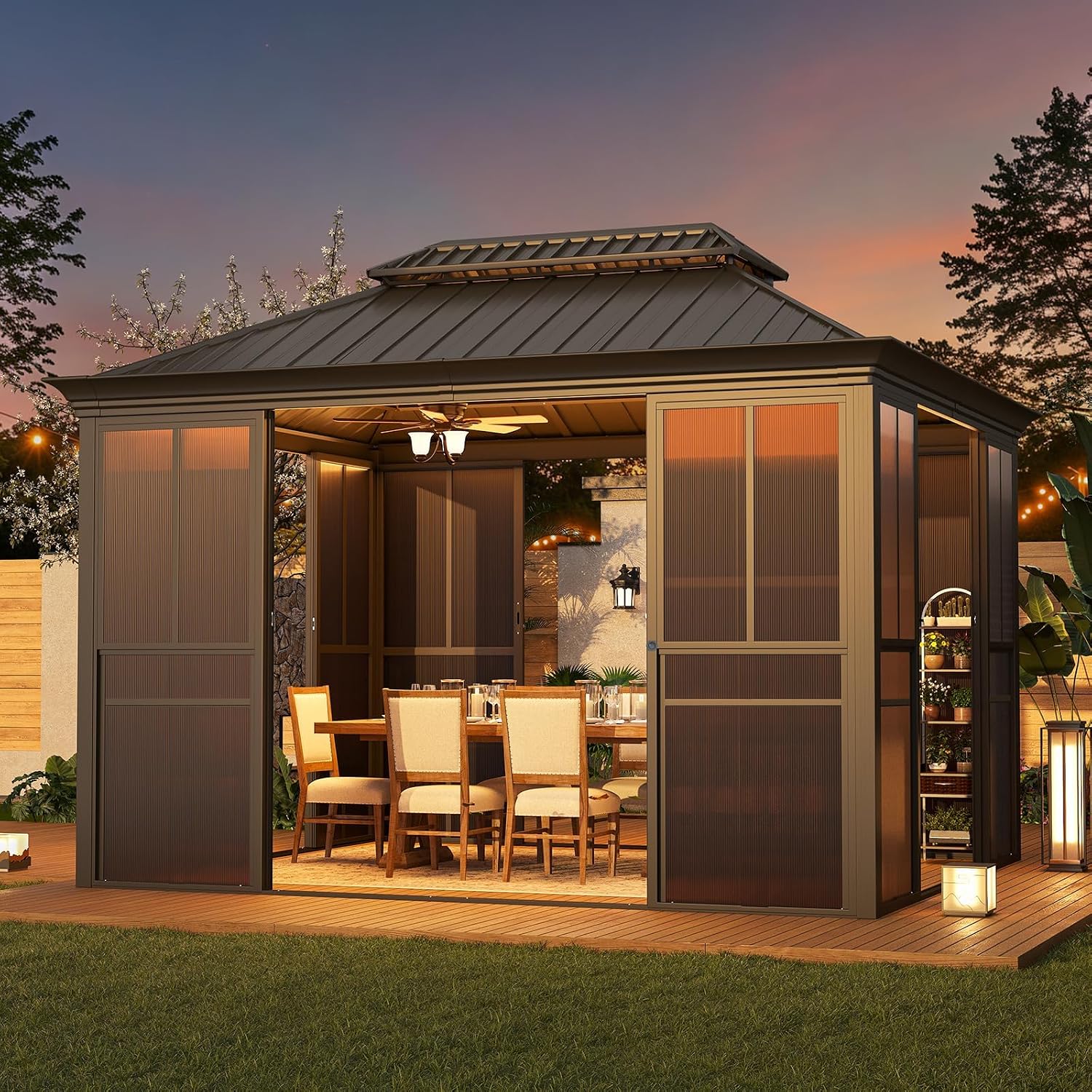 EROMMY 10x12 Sunroom Gazebo, Fully Enclosed Outdoor Sunroom with Lockable Sliding Doors, Galvanized Steel Double Roof Hardtop Gazebo, Aluminum Frame Patio Solarium for Backyard