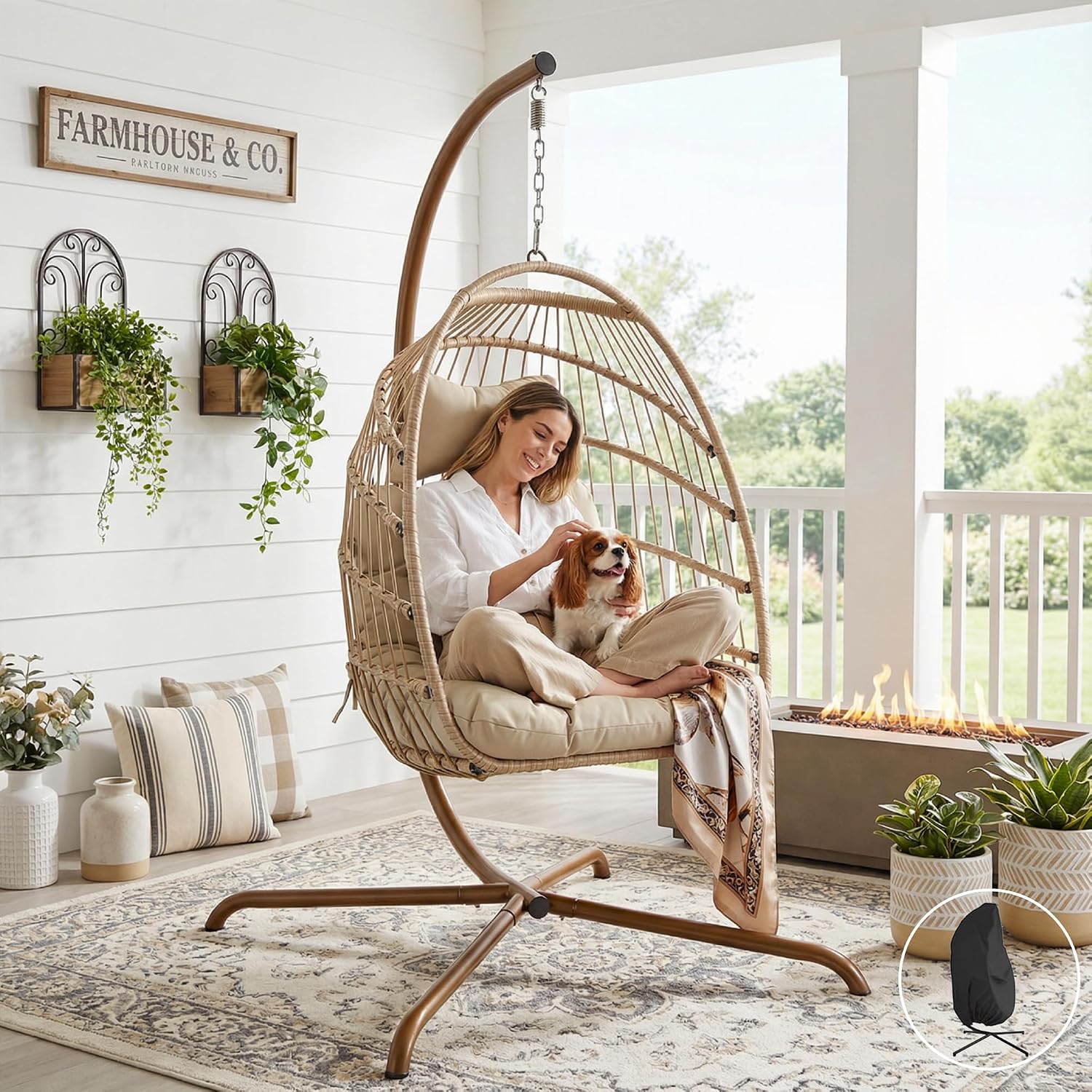 RADIATA Hanging Egg Chair with Stand and Cover, Indoor Outdoor Heavy Duty Foldable Rattan Swing Hammock with Cushion, 350Lbs Royal Craft Dome Shape Eggshell Basket Seat for Porch Garden Bedroom, Cream