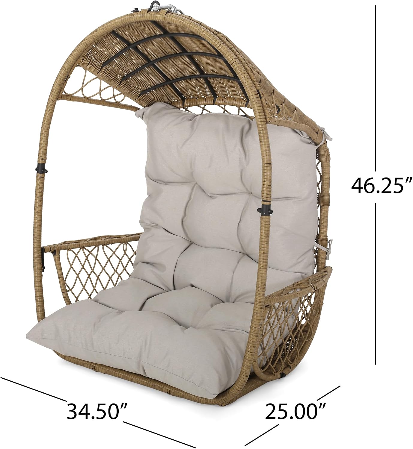 GDF Studio Indoor/Outdoor Wicker Hanging Chair with 8 Foot Chain (NO Stand),Egg Swing Hammock Chair,Wicker Egg Chair with Cushion for Patio Bedroom Porch Garden,400Lbs Capacity,Light Brown and Beige