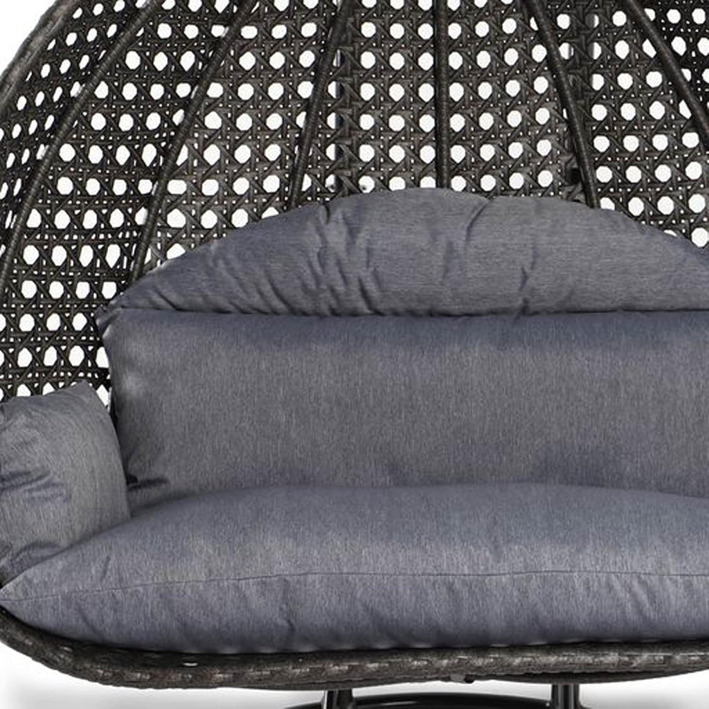 LeisureMod 2 Person Wicker Egg Chair Outdoor Indoor Bedroom Patio Hanging Lounge Swing Hammock Chairs with Black Stand and UV Resistant Cushions (Charcoal Blue)