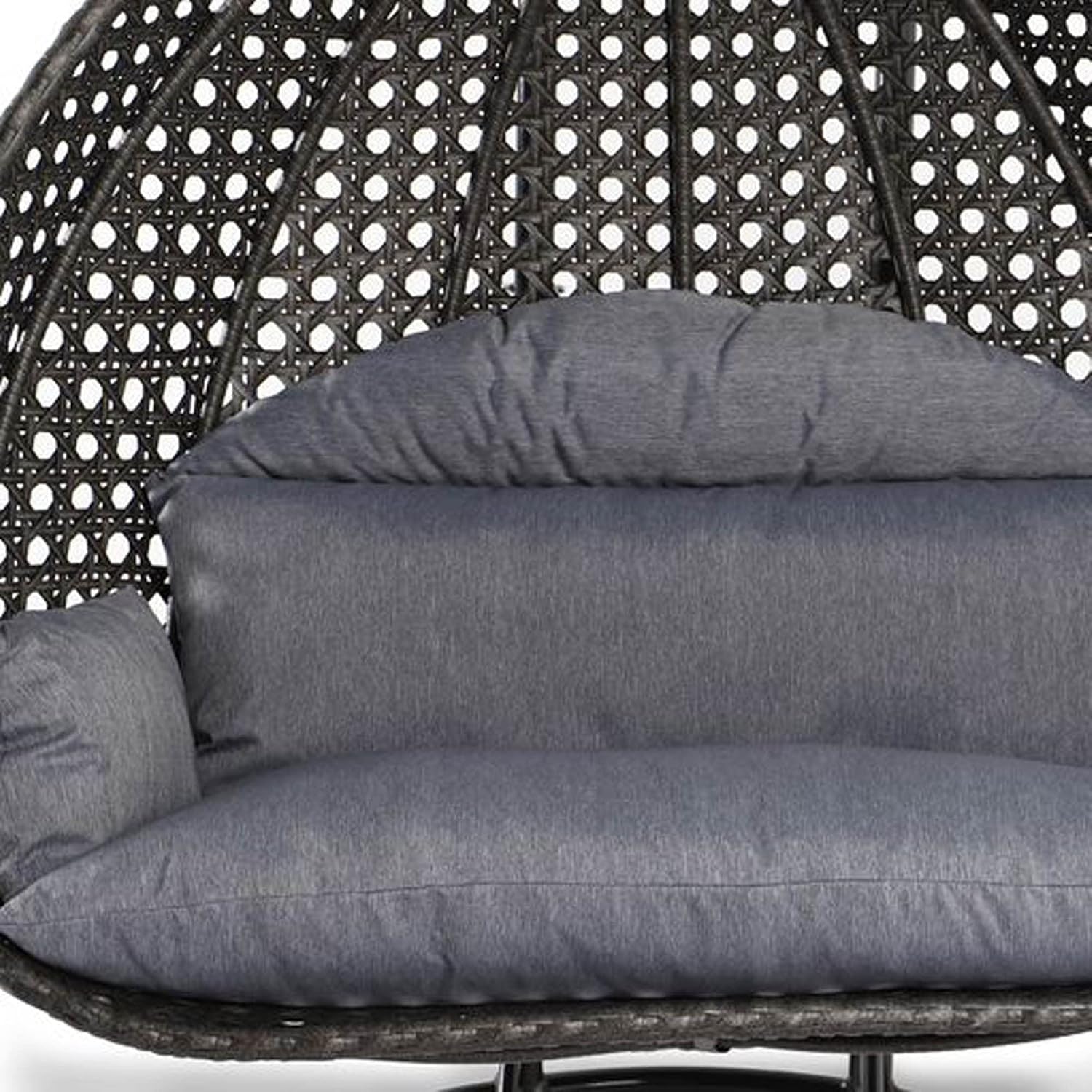 LeisureMod 2 Person Wicker Egg Chair Outdoor Indoor Bedroom Patio Hanging Lounge Swing Hammock Chairs with Black Stand and UV Resistant Cushions (Charcoal Blue)