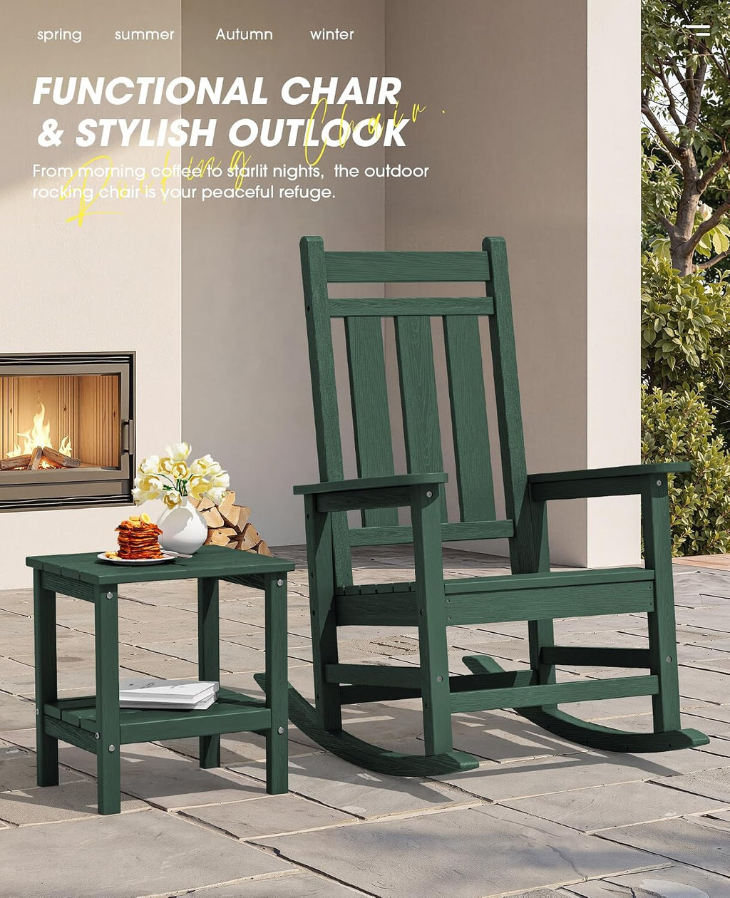 KINGYES Oversized Outdoor Rocking Chair Set of 2, All-Weather Patio Rocking Chairs for Porch, HDPE Outdoor Patio Rockers with High Back & Wide Seat for Garden, Lawn, Green