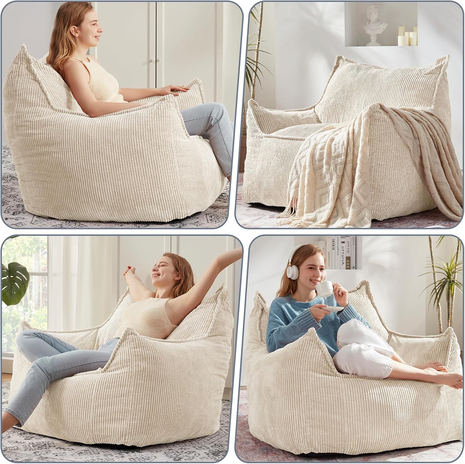 EBENCHICO Giant Bean Bag Chair Sofa for Adults Teens, Comfy Corduroy Large Bean Bag Chairs with Armrests for Bedroom Living Room, Adult BeanBag Lazy Sofa Couch Chairs with Filler Included