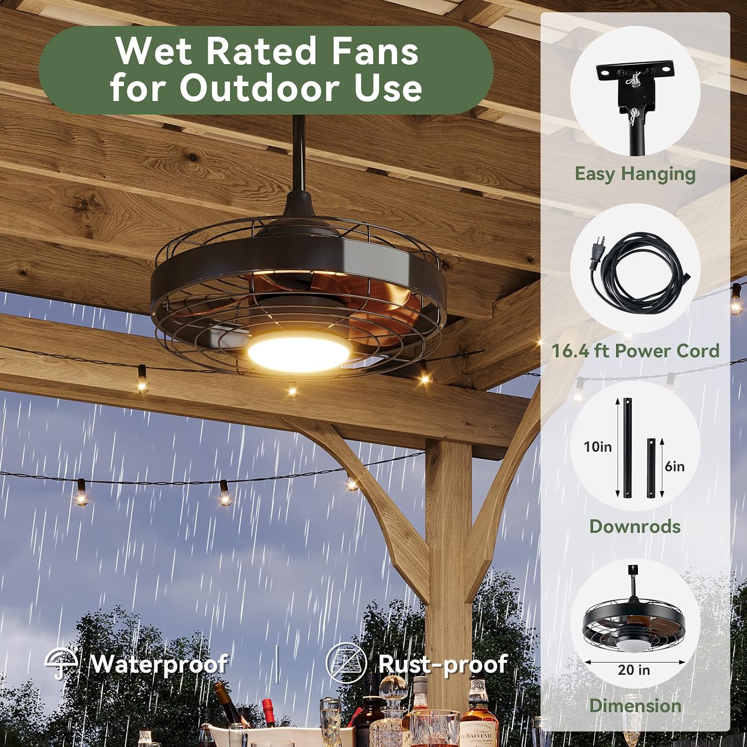 Aoxun 20 Inch Ceiling Fans, Waterproof Outdoor Ceiling Fans with Lights and Remote, LED Dimmable DC Reversible Modern Fandelier with 2 Size Downrods and Hanging Hook for Gazebo, Pergola