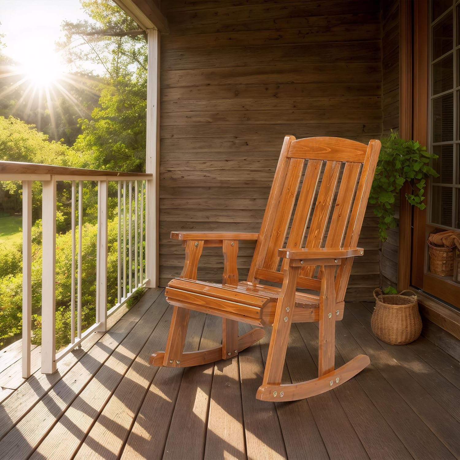VINGLI Outdoor Rocking Chair, Heavy Duty 600 LBS Wooden Rocking Bench with Comfortable Backrest, Weatherproof Patio Rocker with Ergonomic Design, Wood Rocking Chair for Patio, Garden (Teak, 2 PCS)