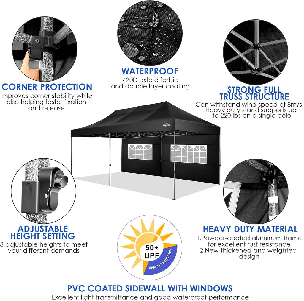 COBIZI 10x20 Canopy with Sidewalls, Heavy Duty Party Tent Pop up Canopy, Tents for Parties, Wedding, Outdoor Easy up Foldable Portable Canopy Tent with Wheeled Bag, Black(Windproof Upgrade)