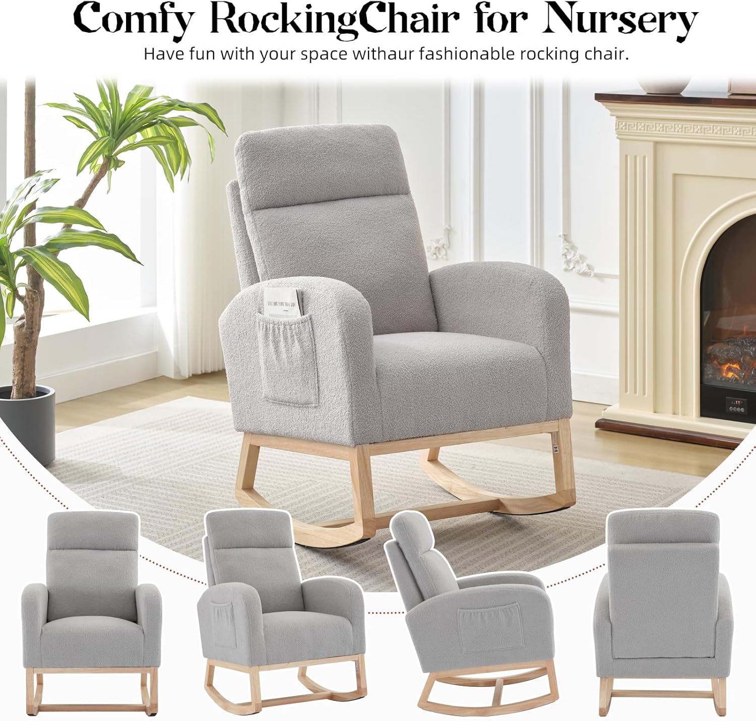 GarveeHome Rocking Chair Nursery,Glider Chair Nursery Chair with High Back and Side Pocket, Rocking Accent Armchair with Rubber Wood Legs for Living Room/Bedroom/Nursery