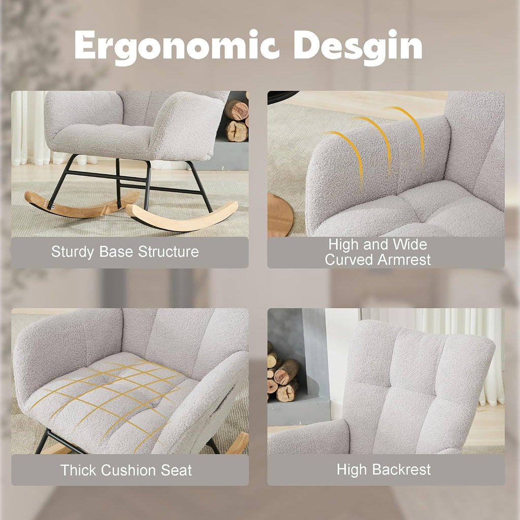 Nursery Rocking Chair, Teddy Upholstered Glider Rocker Rocking Accent Chair with High Backrest Armchair Comfy Side Chair for Living Room, Bedroom, Offices (Light Gray)