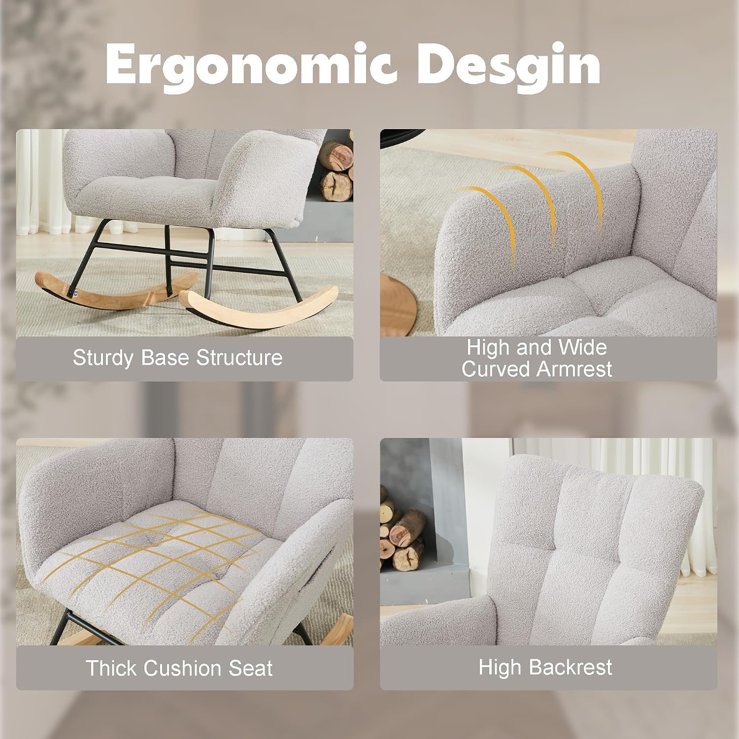 Nursery Rocking Chair, Teddy Upholstered Glider Rocker Rocking Accent Chair with High Backrest Armchair Comfy Side Chair for Living Room, Bedroom, Offices (Light Gray)