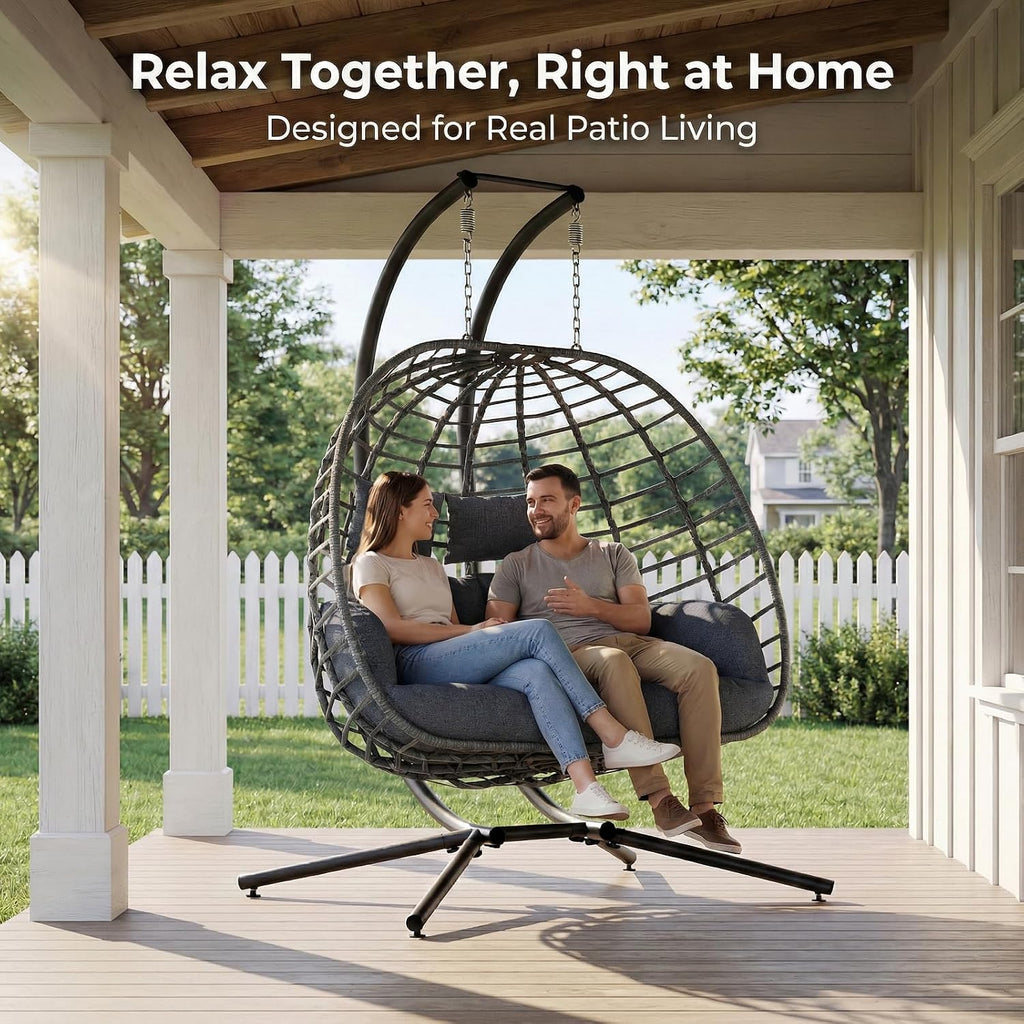SWITTE Double Egg Swing Chair with Stand, Outdoor Patio 2 Person Hanging Wicker Hammock Chairs with Cushion for Indoor Bedroom, Lawn, Garden-Dark Grey