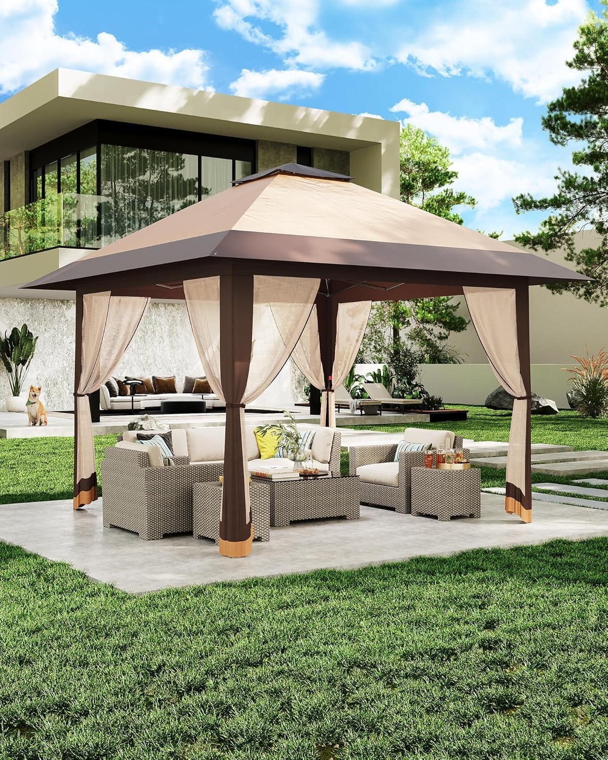13x13FT Pop-Up Gazebo, Instant Canopy Gazebo With Mosquito Net & Double Roof, Adjustable Height Canopy Tent, UV-Resistant Outdoor Shelter for Patio, Backyard, Garden, and Camping
