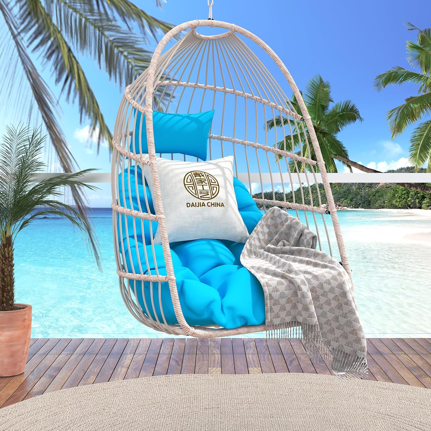 Hanging Egg Chair with Pillow, HDPE Rattan Foldable Swing Chair with Aluminum Frame & UV Resistant Cushion, Hammock Egg Basket Without Stand for Indoor Outdoor, 350Lbs Capacity (Blue Cushion)