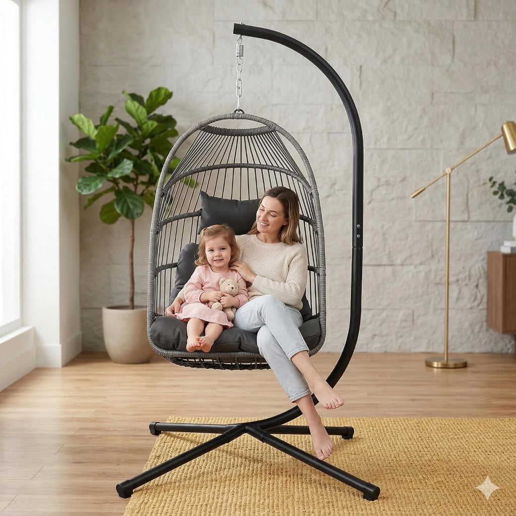 Foldable Hanging Egg Chair with Stand, HDPE Rattan and Heavy Duty Aluminum-Steel Frame, Outdoor Patio Wicker Swing Egg Chair with Headrest and Cushioned, 350 Lbs Capacity (Dark Grey)