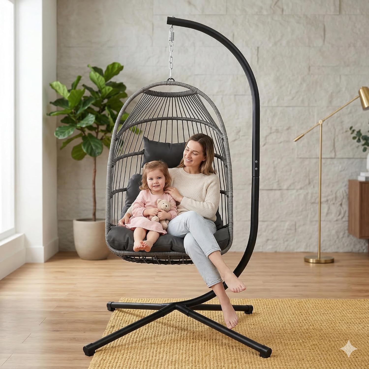 Foldable Hanging Egg Chair with Stand, HDPE Rattan and Heavy Duty Aluminum-Steel Frame, Outdoor Patio Wicker Swing Egg Chair with Headrest and Cushioned, 350 Lbs Capacity (Dark Grey)