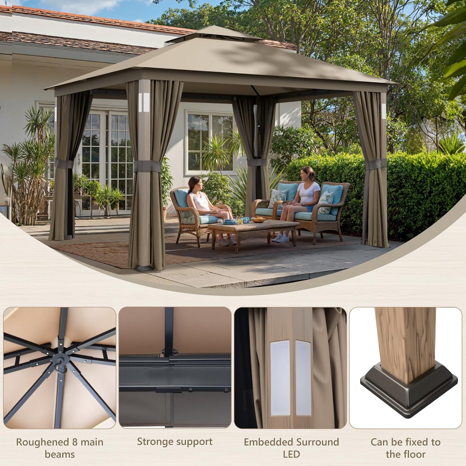 Sannwsg Outdoor Patio Gazebo 10x12 FT, Soft Top Gazebo with Arched Roof Canopy, Metal Frame, Mosquito Netting & Privacy Curtains, for Backyard & Deck, Brown