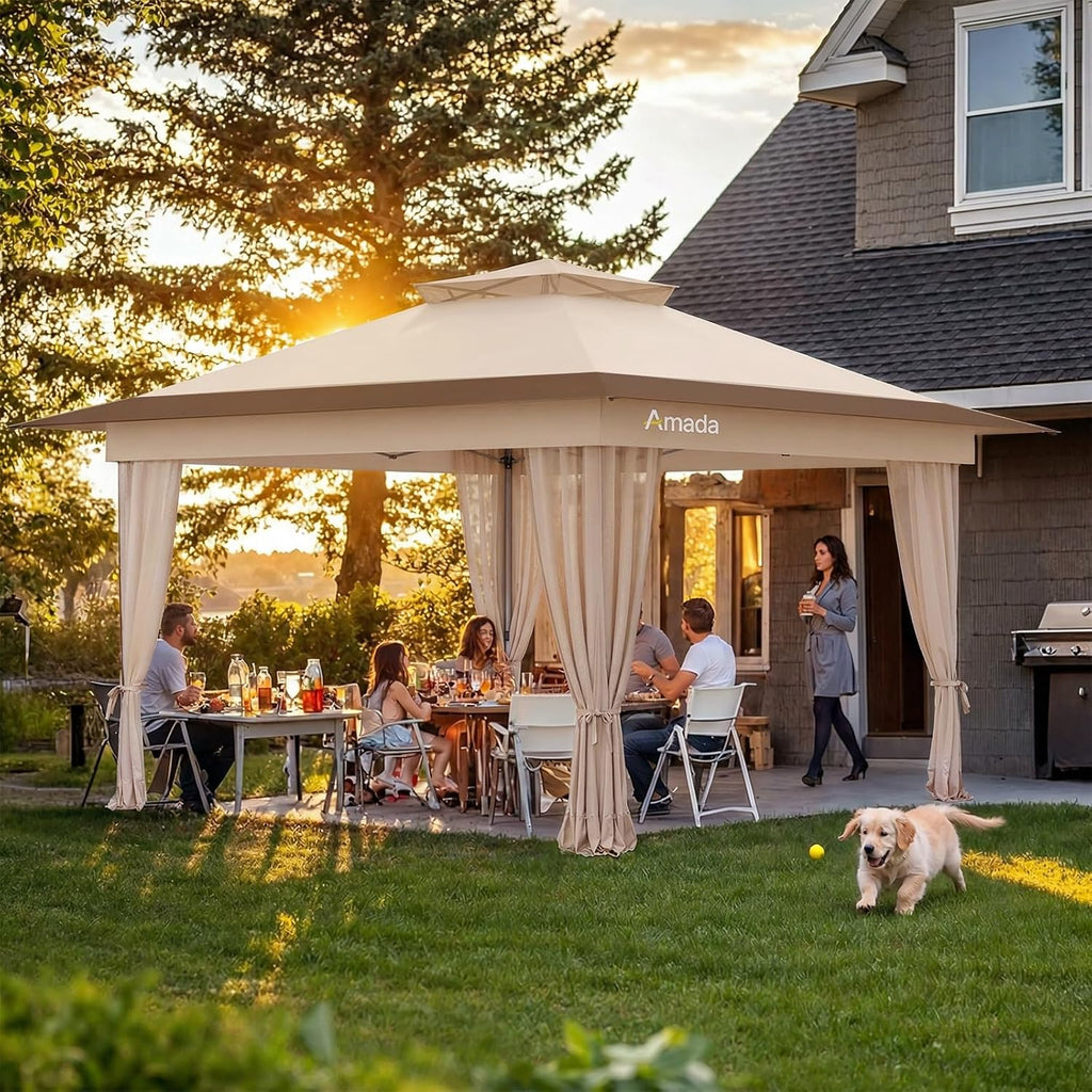 Amada 13x13 Pop Up Gazebo for Backyard & Patio Furniture,Gazebos on Clearance with Wheeled STO-N-Go Cover Bag,Carpa Pop Up Tent Party Tent and Shelter with Mosquito Netting for Lawn,Garden,Deck,Khaki