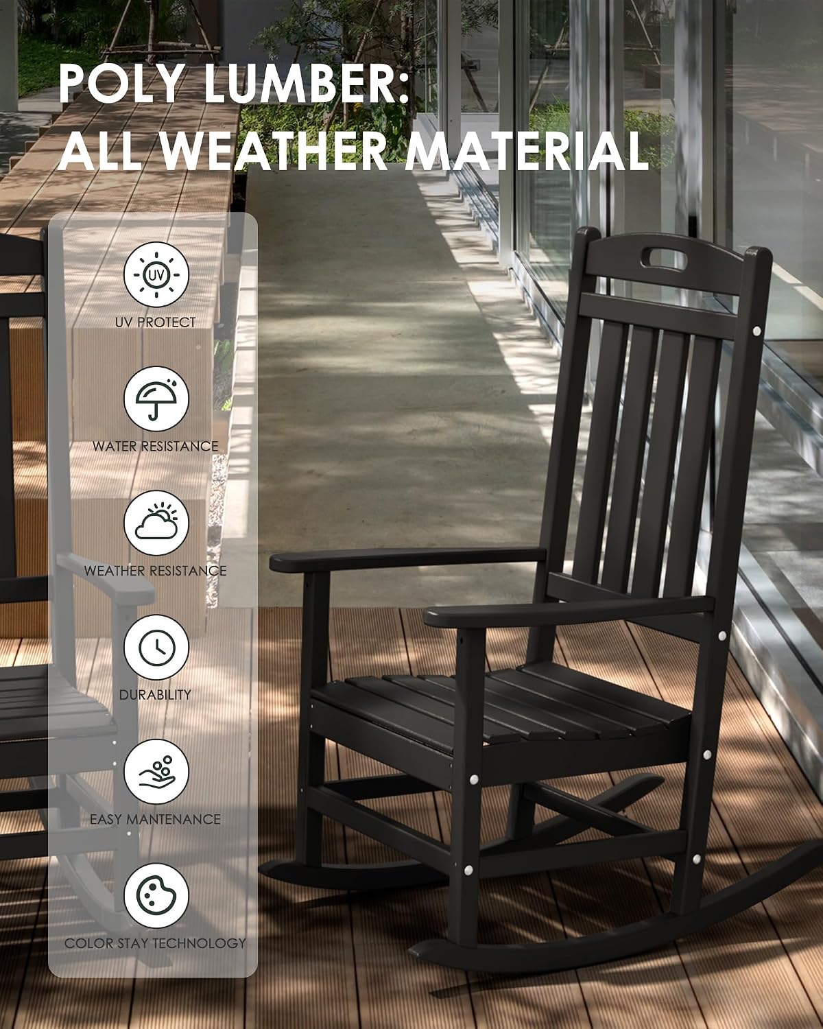 Outdoor Rocking Chair Set of 6, All-Weather Resistant Poly Lumber Rocker Chair Outdoor, High Back Plastic Patio Rocking Chairs for Outside Porch Rocker Garden Lawn, Black