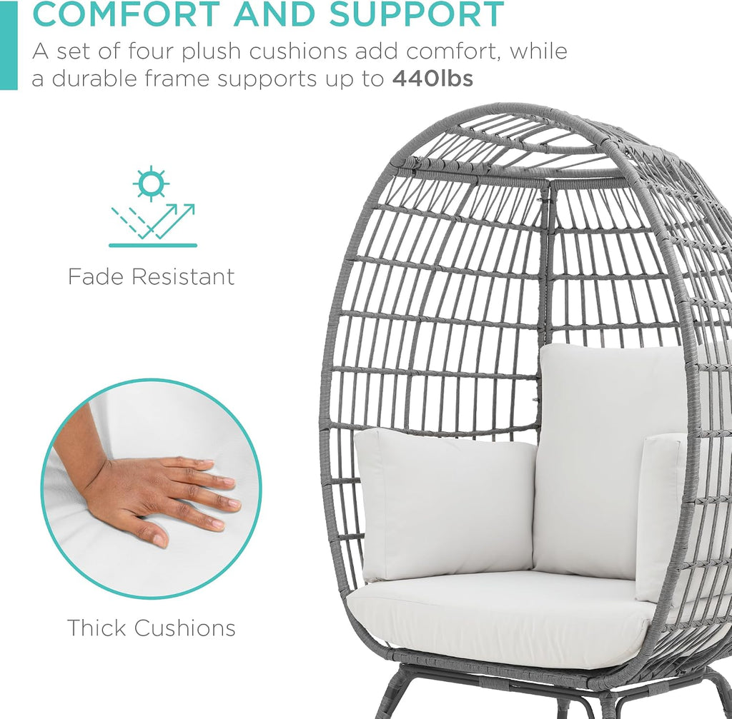 Best Choice Products Wicker Egg Chair, Oversized Indoor Outdoor Lounger for Patio, Backyard, Living Room w/ 4 Cushions, Steel Frame, 440lb Capacity - Gray/White Sand