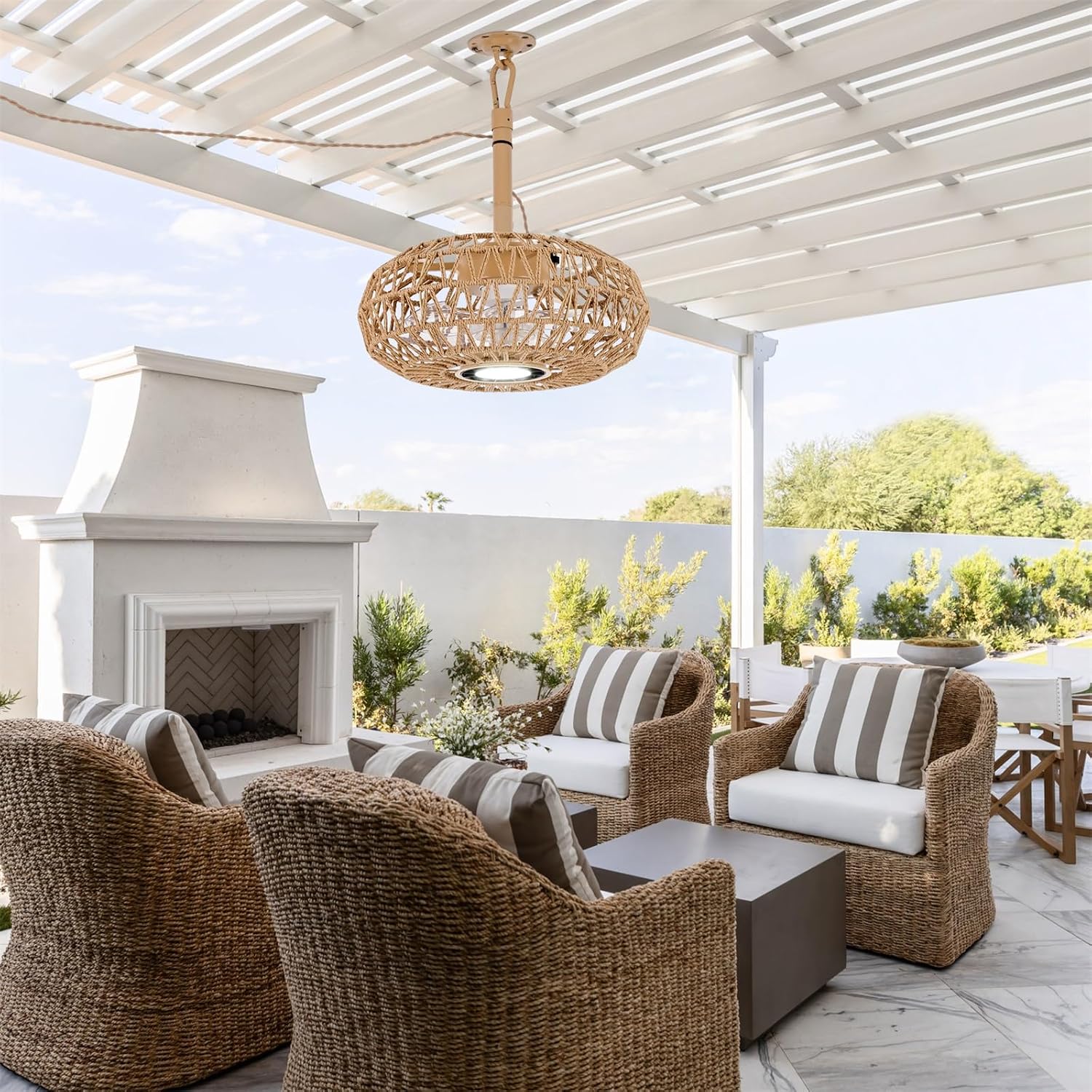 15'' Outdoor Gazebo Fan with Light, Outside/Indoor Hanging Rattan Ceiling Fan with Remote&APP Control, 3CCT Dimmable, 6-Speed DC Motor, Plug-in Wicker Woven Caged Ceiling Fans for Patio Pergola