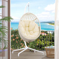 TWT Egg Swing Chair with Stand Beige Outdoor - Rattan Wicker Patio Hanging Basket Hammock Chair with Metal Frame and UV Resistant Cushion for Indoor Bedroom Balcony (Claws Base)
