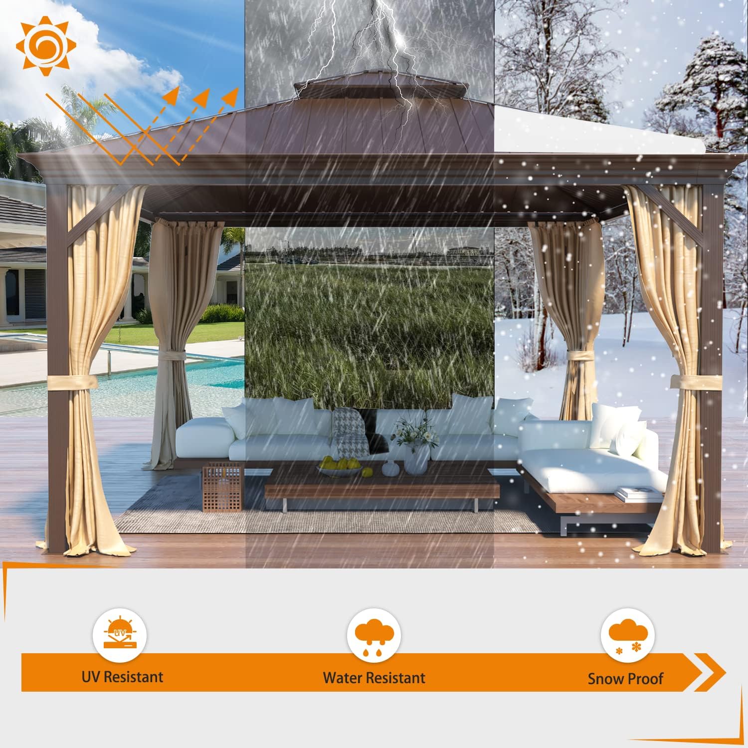 EROMMY 12' x 12' Gazebo Hardtop Double Roof Galvanized Steel Gazebos with Netting and Curtains Outdoor Aluminum Frame Permanent Metal Pavilion for Patio Backyard Deck and Lawns
