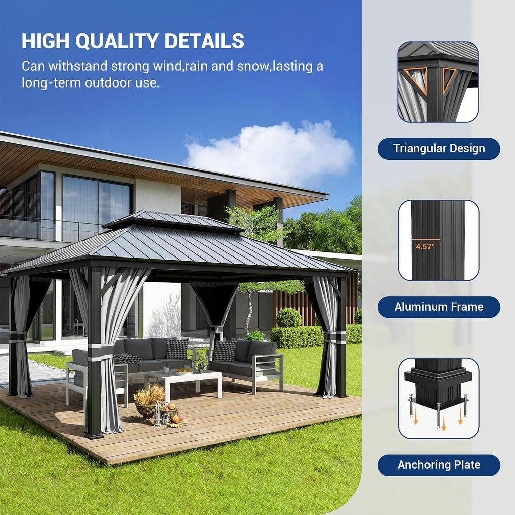 Amopatio 12' X 16' Permanent Hardtop Gazebo Aluminum Gazebo with Double Galvanized Steel Roof, Curtains and Netting Included,Outdoor Metal Pergola for Patios, Garden, Parties, Lawns