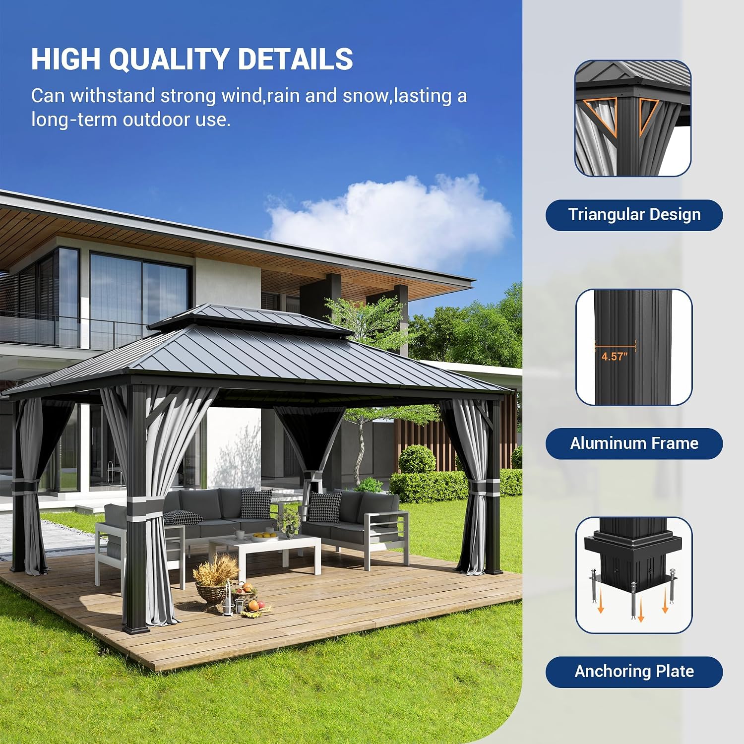 Amopatio 12' X 16' Permanent Hardtop Gazebo Aluminum Gazebo with Double Galvanized Steel Roof, Curtains and Netting Included,Outdoor Metal Pergola for Patios, Garden, Parties, Lawns