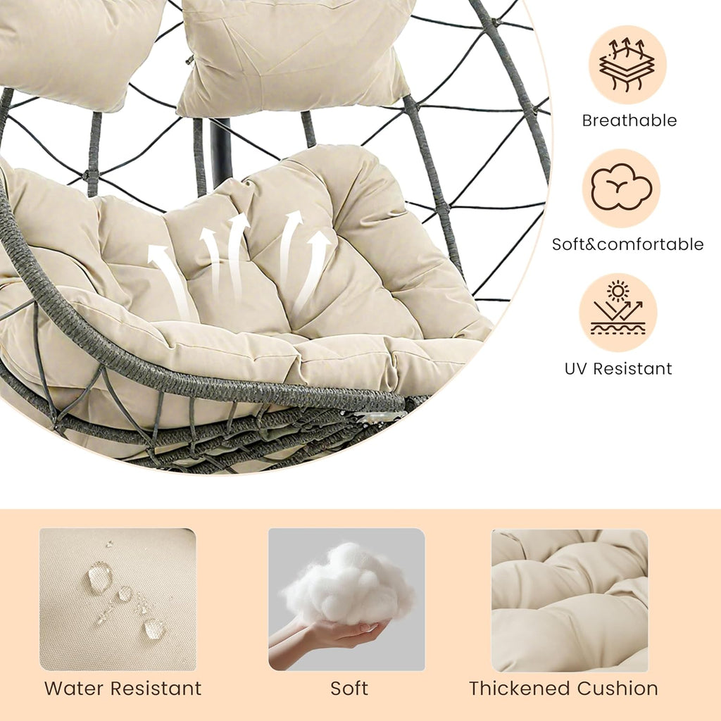 Double Egg Chair with Stand, Indoor Outdoor Loveseat Hammock Swing Chair,Wicker Chair with Foldable Basket & Thick UV-Resistant Cushions, 700 LBS Capacity for Patio, Bedroom, Garden,Beige