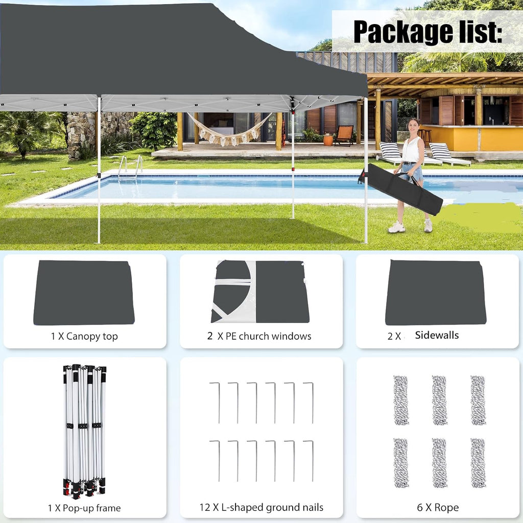 COBIZI Canopy 10x20 Pop Up Canopy Tent with 4 Sidewalls, Waterproof Commercial Canopy Ez Outdoor Instant Gazebo UV Protection 50+ Event Shelter, Party Tent for Parties Garden Camping, Grey