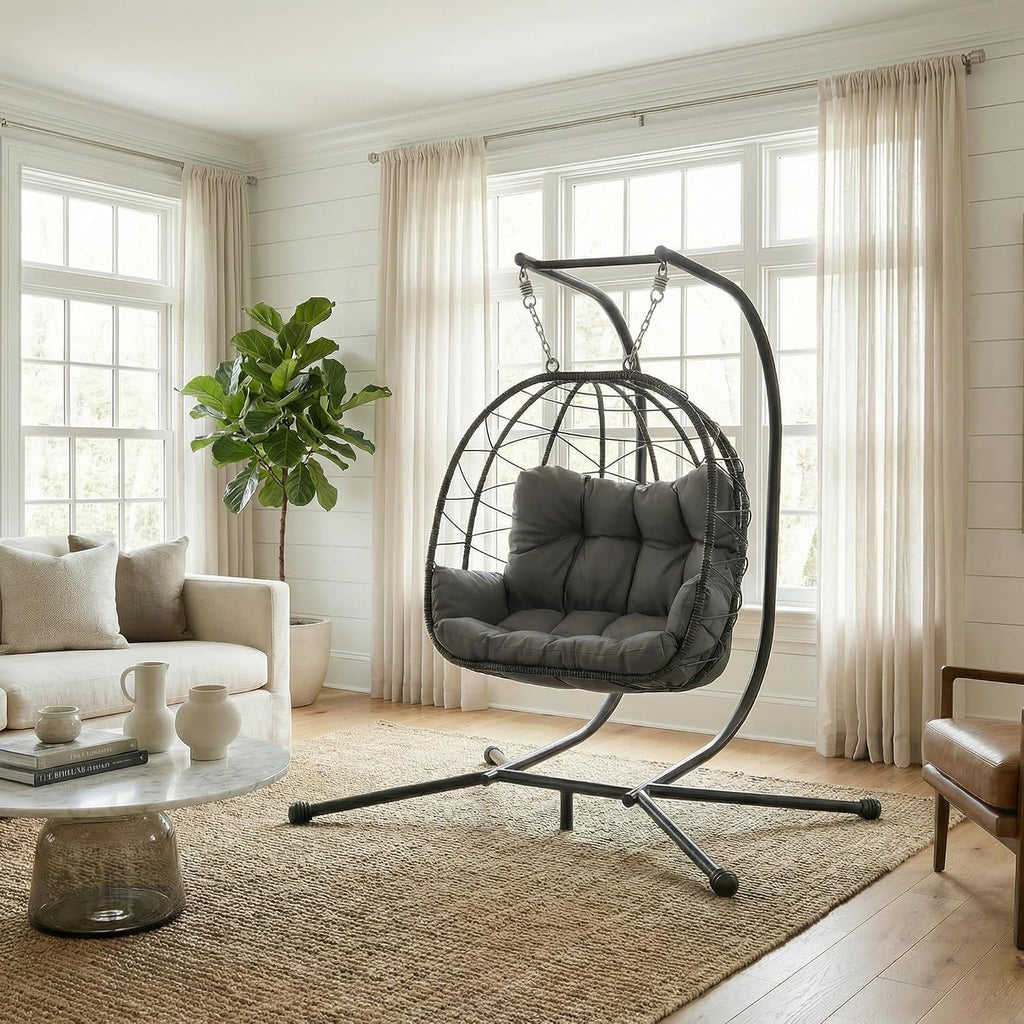 Pamapic Double Egg Chair wth Stand, 700 LBS Loveseat Rattan Swing Chair, UV Resistant Cushions with Armrests and Headrest, Thick Steel Frame Hammock Swing for Outdoor, Patio, Indoor(Grey)