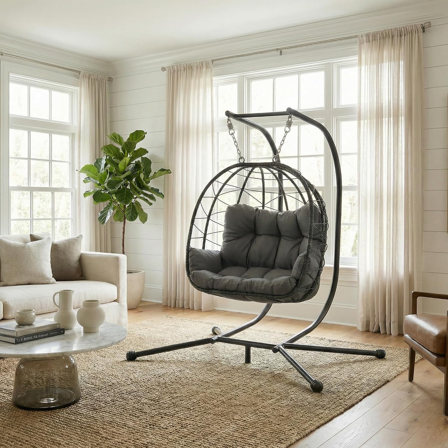 Pamapic Double Egg Chair wth Stand, 700 LBS Loveseat Rattan Swing Chair, UV Resistant Cushions with Armrests and Headrest, Thick Steel Frame Hammock Swing for Outdoor, Patio, Indoor(Grey)