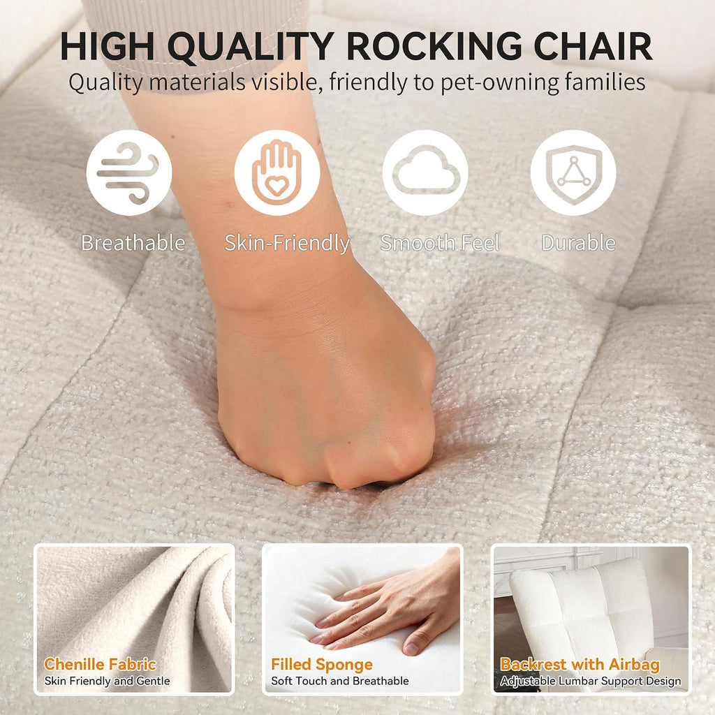 Rocking Chair with Airbag, Comfy Modern Reading & Nursing Nursery Rocking Chair Indoor, Cozy Upholstered Glider Rocker Chairs for Living Room Bedroom Offices, (Chenille, White)