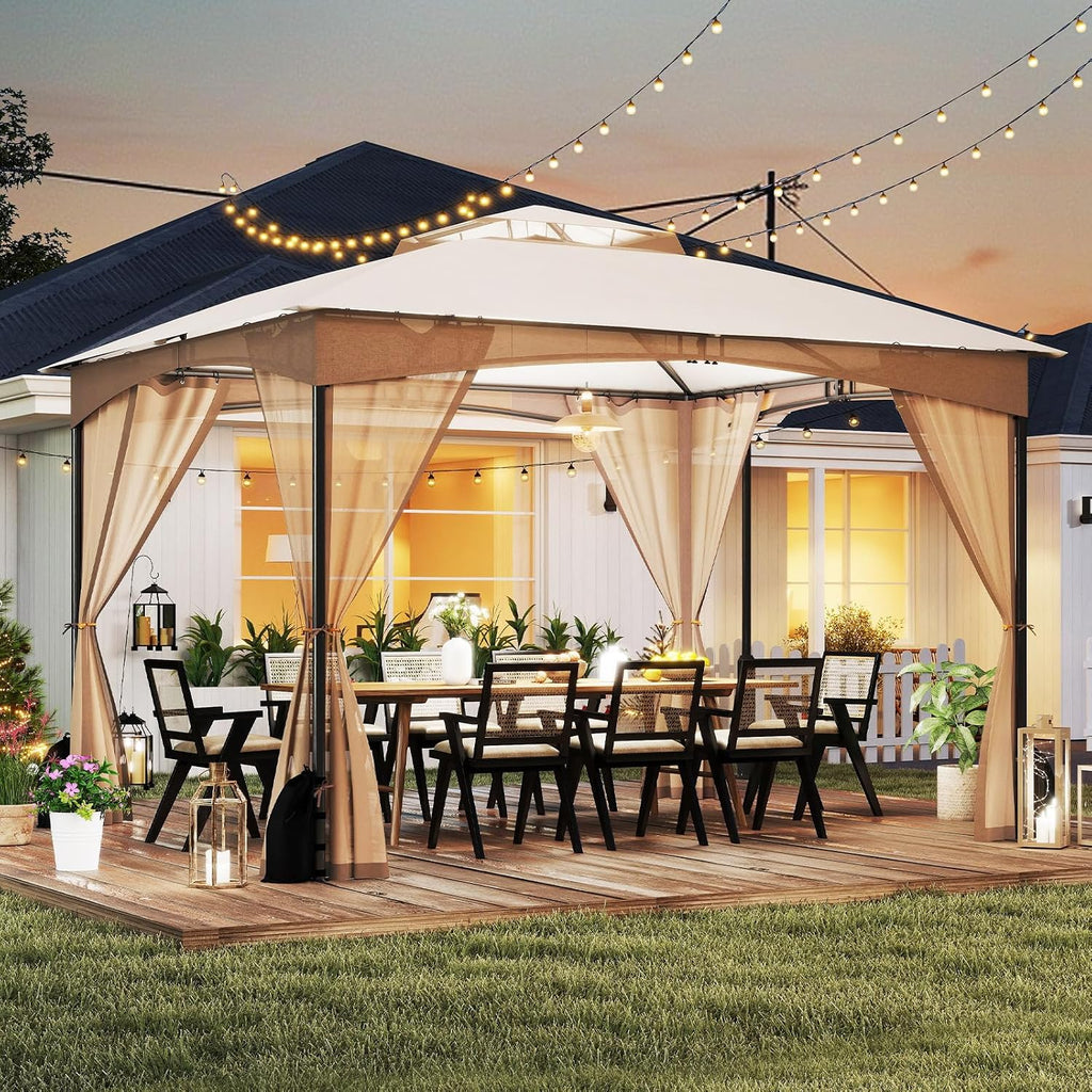 Tangkula 10x12 FT Outdoor Gazebo with Netting, Double Roof Patio Shelter with 4 Sandbags, Zippered Doors, Heavy-Duty Metal Frame, Metal Patio Gazebo for Yard Garden Lawn (Khaki)