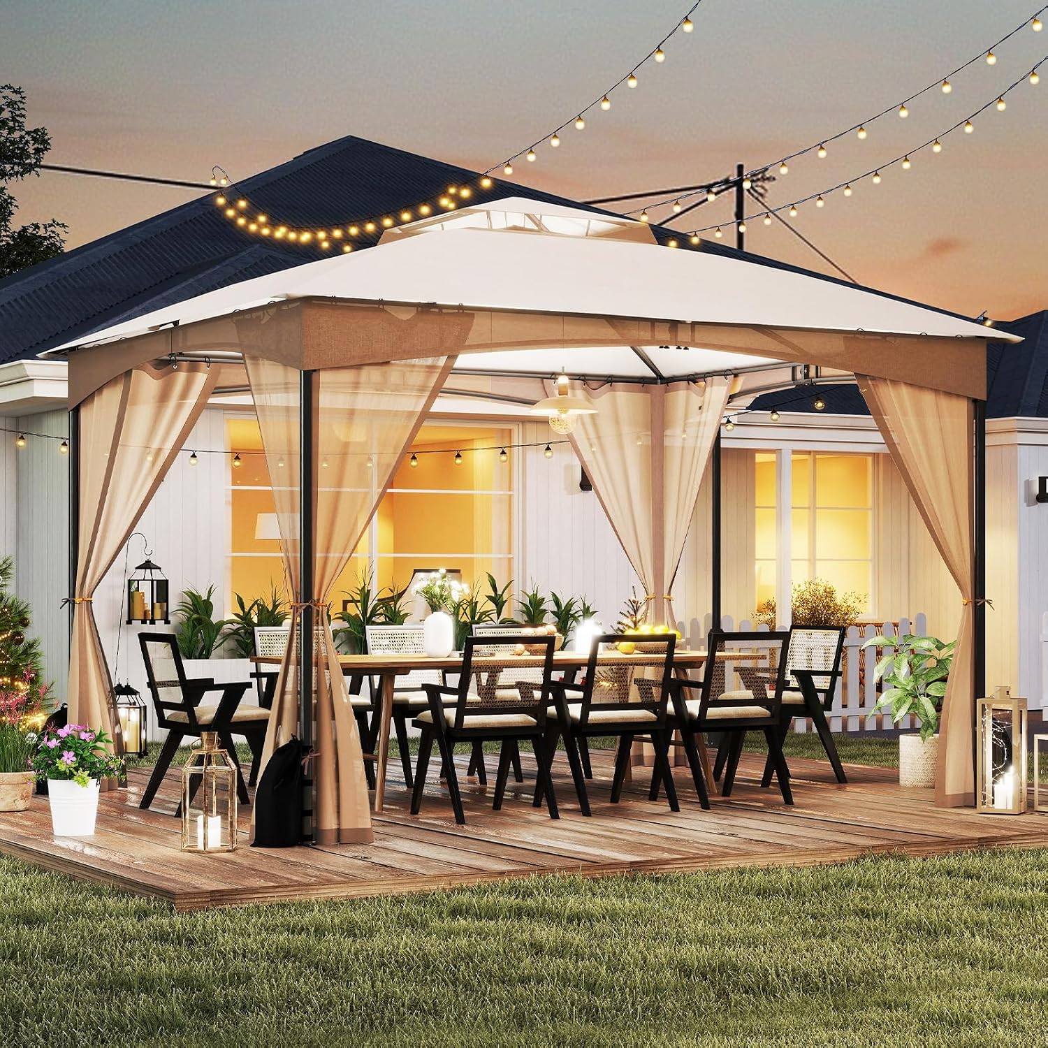 Tangkula 10x12 FT Outdoor Gazebo with Netting, Double Roof Patio Shelter with 4 Sandbags, Zippered Doors, Heavy-Duty Metal Frame, Metal Patio Gazebo for Yard Garden Lawn (Khaki)