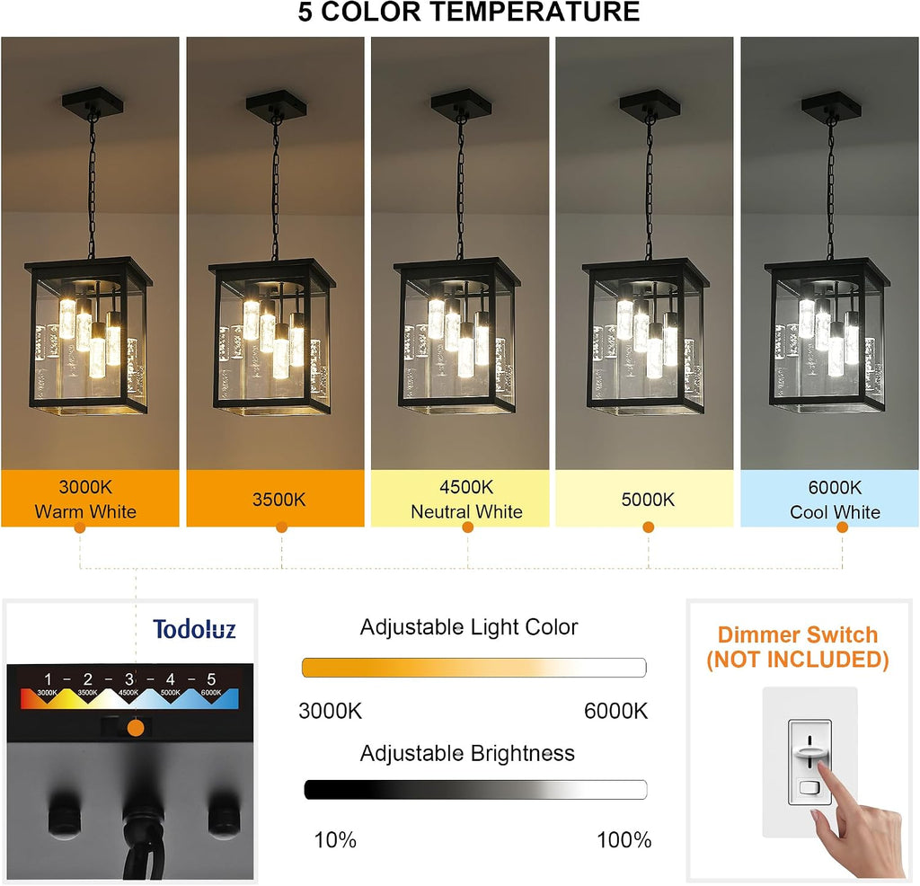 TODOLUZ Large 5CCT LED Outdoor Pendant Light Fixtures, Black Exterior Hanging Lantern Lamp LED Integrated Bulbs Included, Farmhouse Exterior Chandelier Ceiling Mount for Entrance Patio
